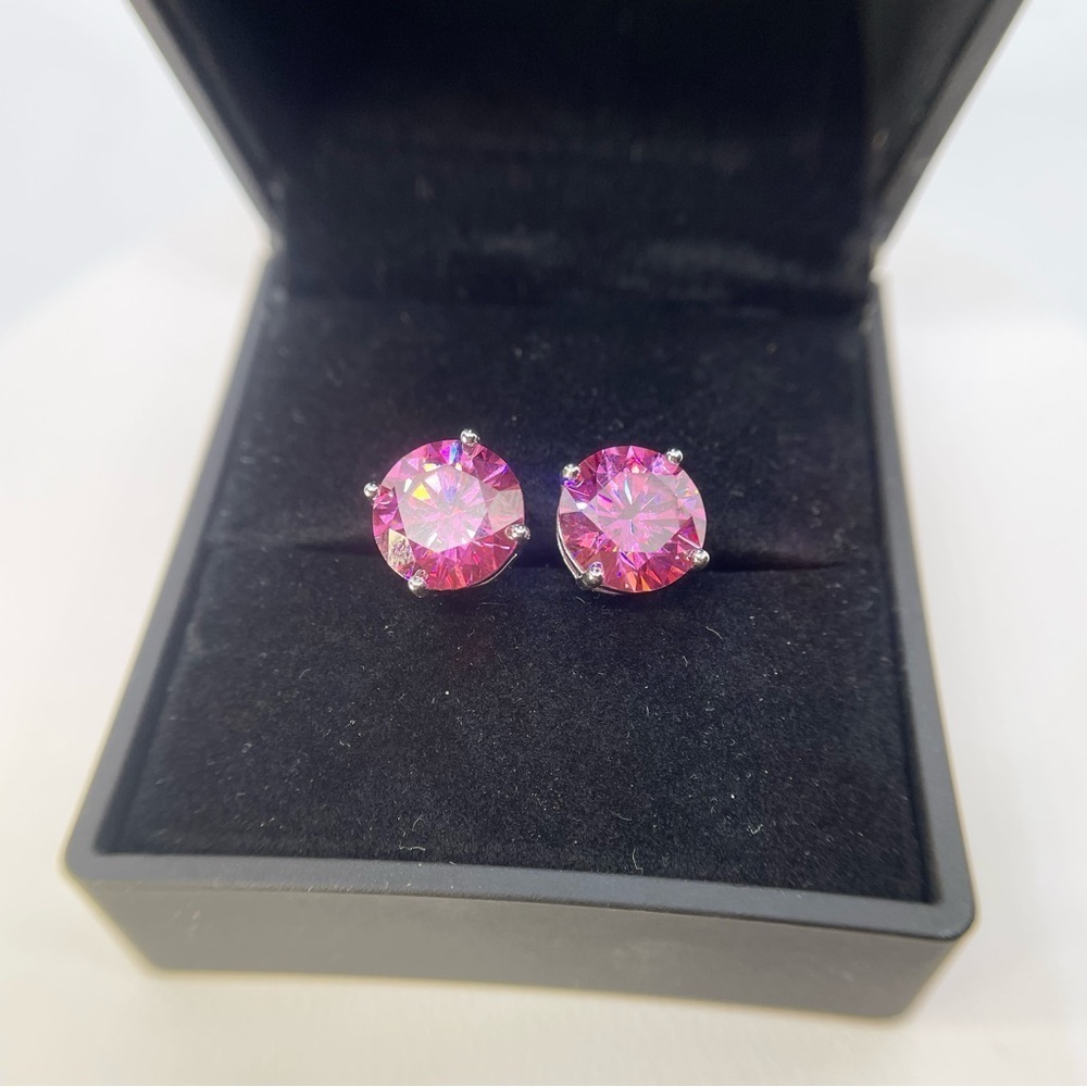 Huge 10 Ct Vivid Pink Moissanite Earrings Carat 4 Prong Studs GRA 18K 925